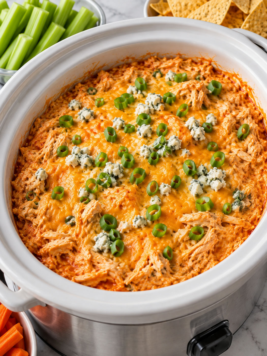 Creamy buffalo chicken dip with cheddar, green onions, celery, and tortilla chips