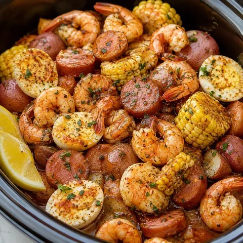 Cajun shrimp boil with corn, sausage, potatoes, and halved eggs