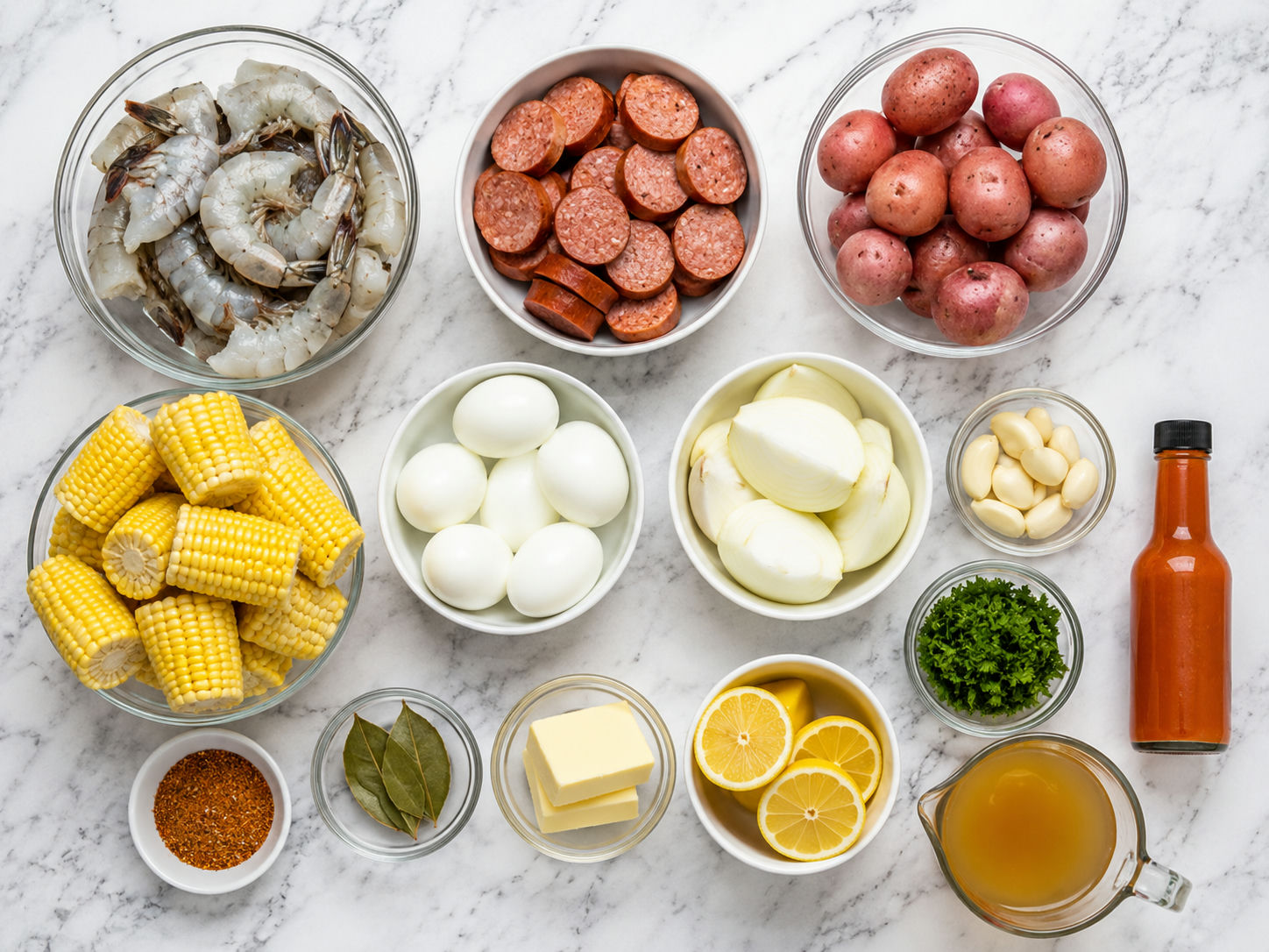 Ingredients for Cajun shrimp boil with corn, sausage, potatoes, eggs, and lemon