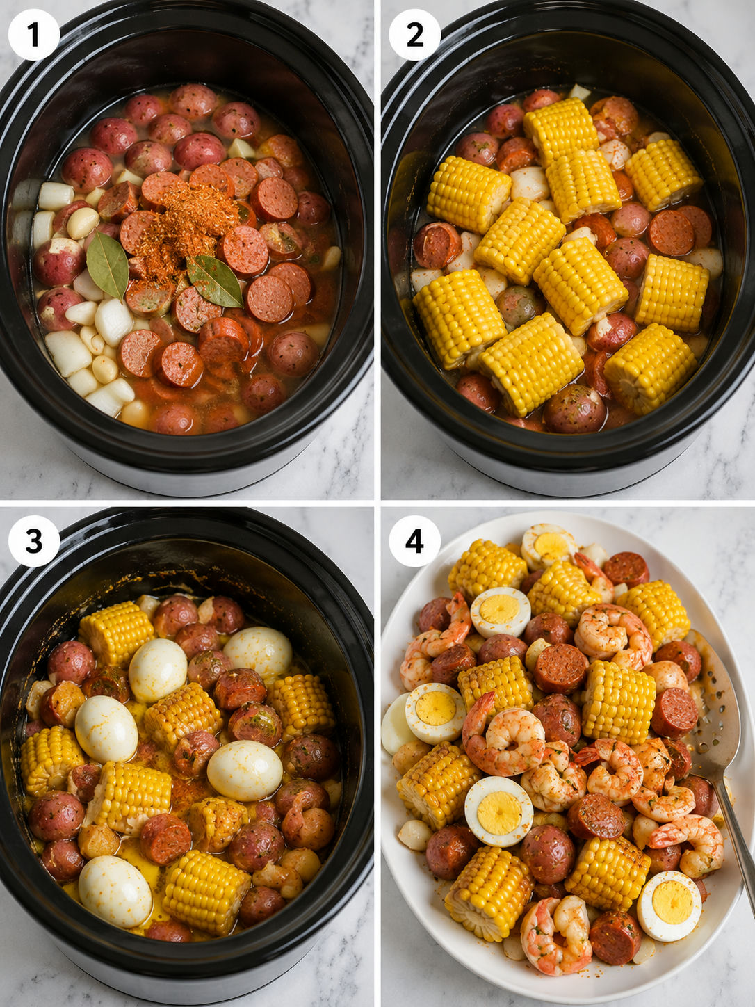 Four steps for making Cajun shrimp boil in a slow cooker