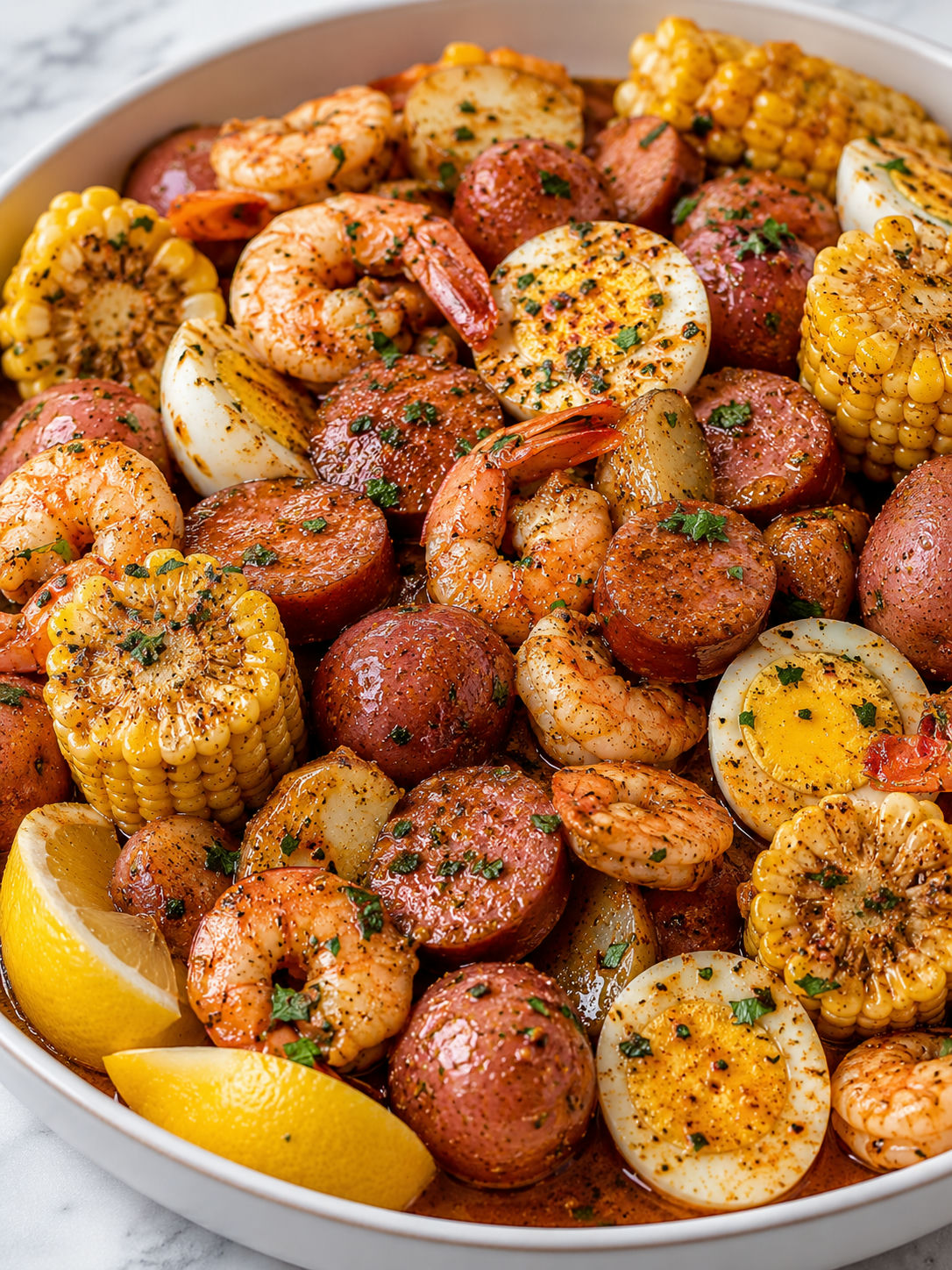 Cajun shrimp boil with glossy shrimp, corn, potatoes, sausage, and eggs