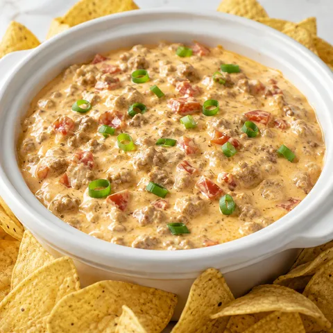 Rotel sausage cream cheese dip with green onions and tortilla chips