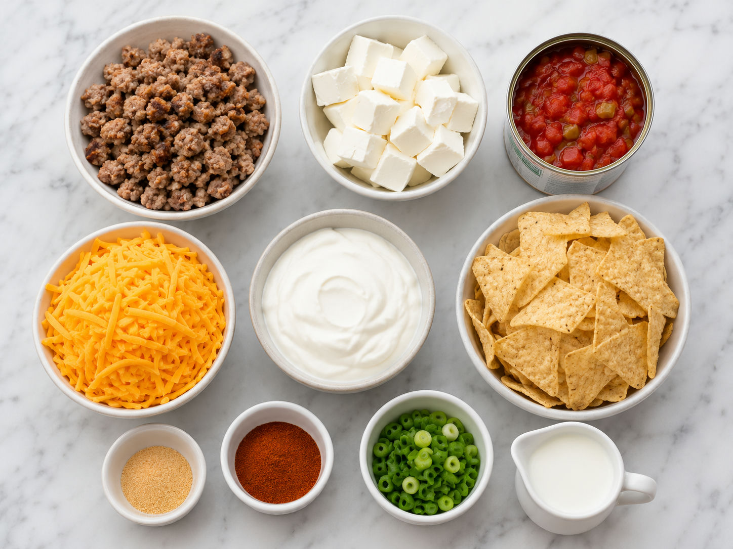 Ingredients for Rotel sausage cream cheese dip on a kitchen counter