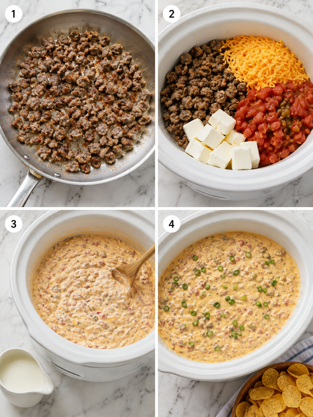 Four cooking steps for Rotel sausage cream cheese dip