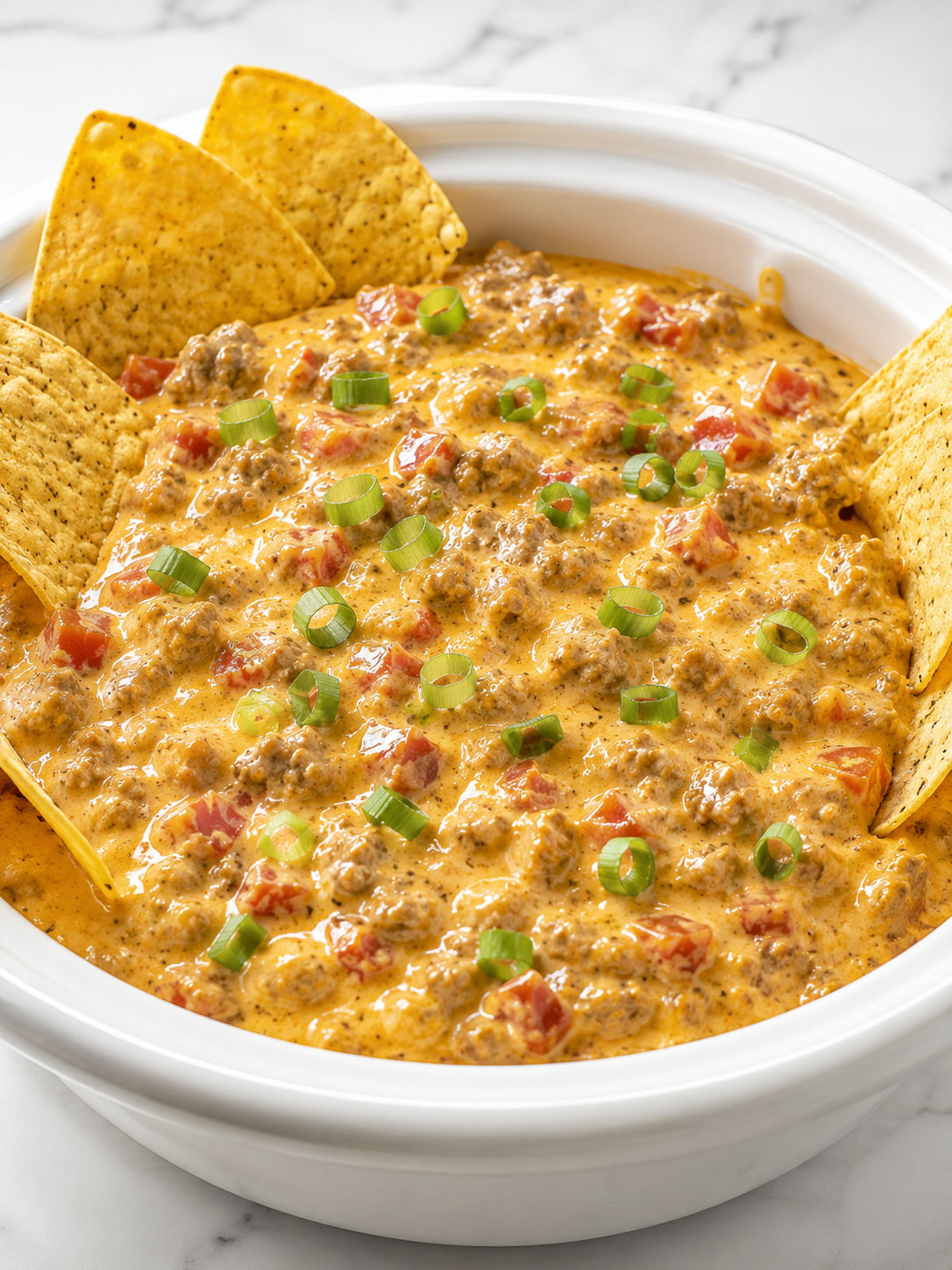 Creamy Rotel sausage dip with green onions and tortilla chips