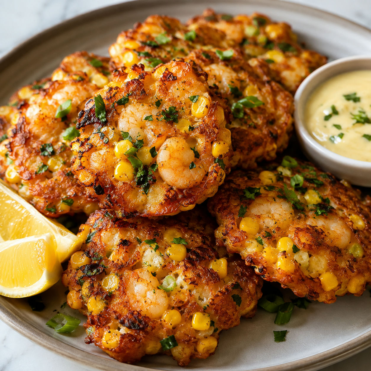 Golden shrimp and corn fritters with parsley, lemon wedges, and dipping sauce