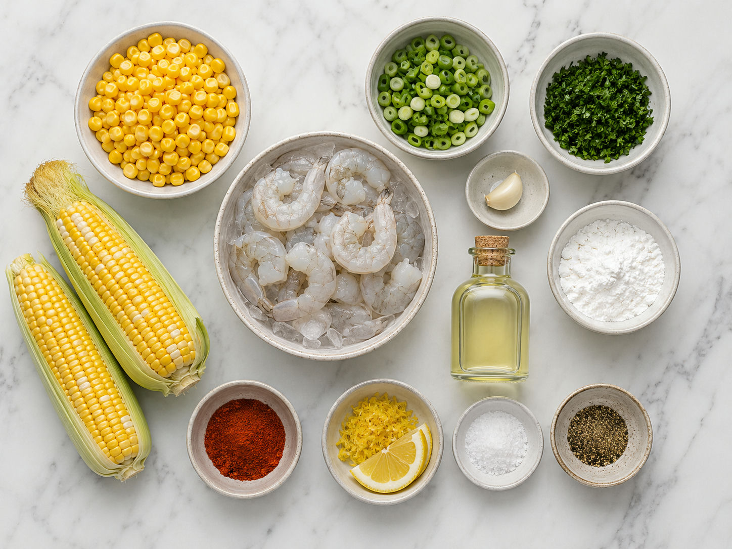 Raw shrimp, corn, scallions, herbs, smoked paprika, lemon, and oil for fritters