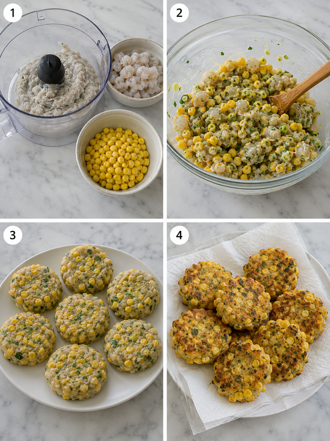 Four cooking steps for shrimp and corn fritters from mixing to pan-frying