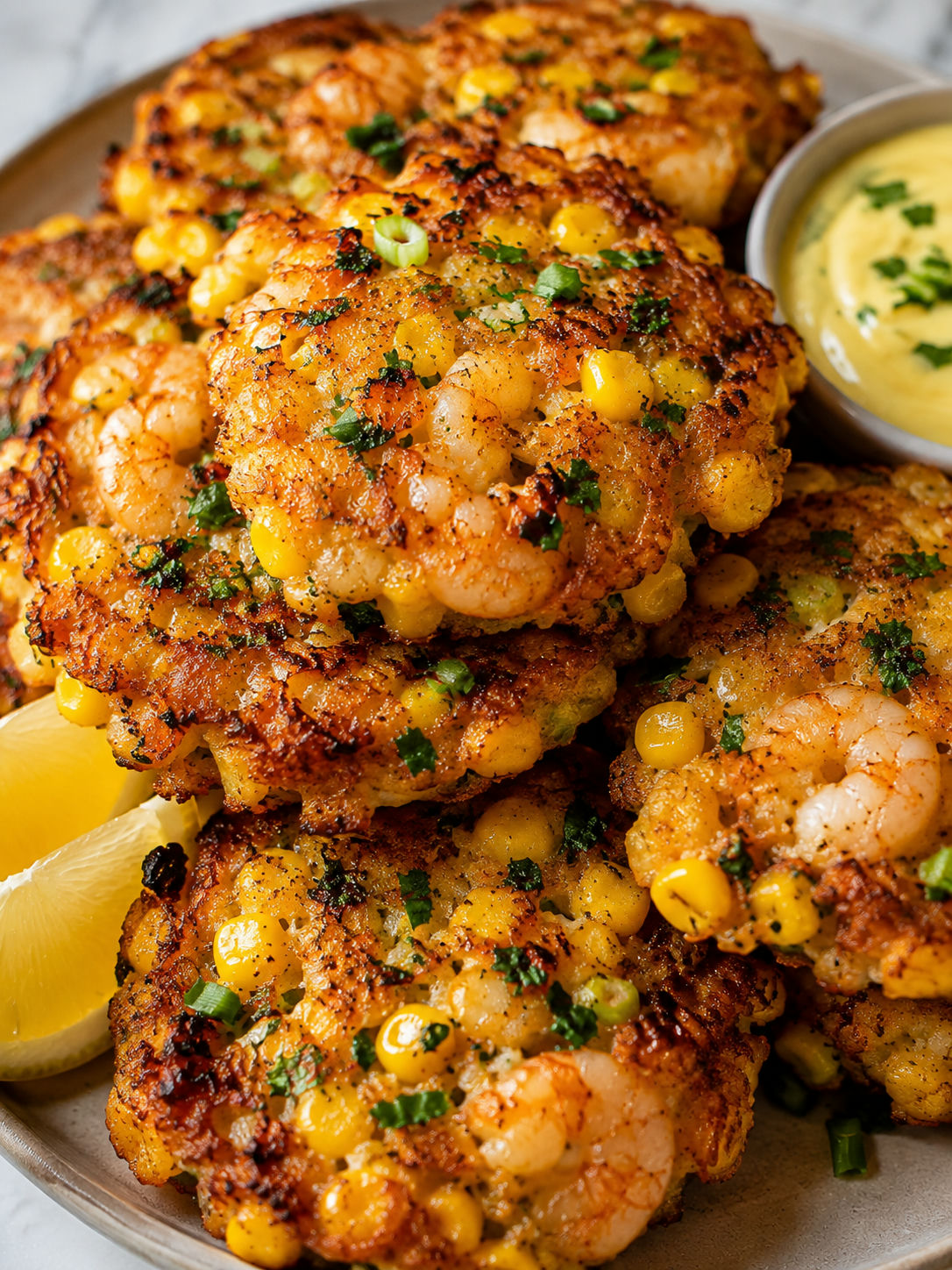 Stacked smoky corn and shrimp fritters with lemon and dipping sauce