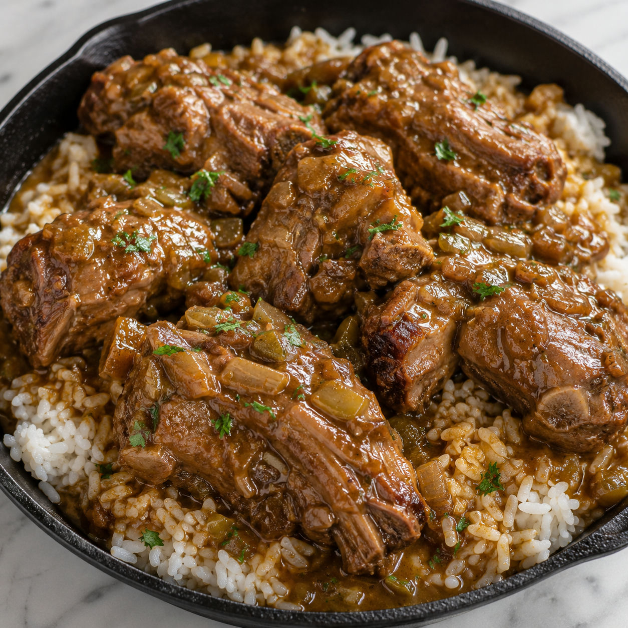 Smothered turkey necks in brown gravy over white rice with parsley