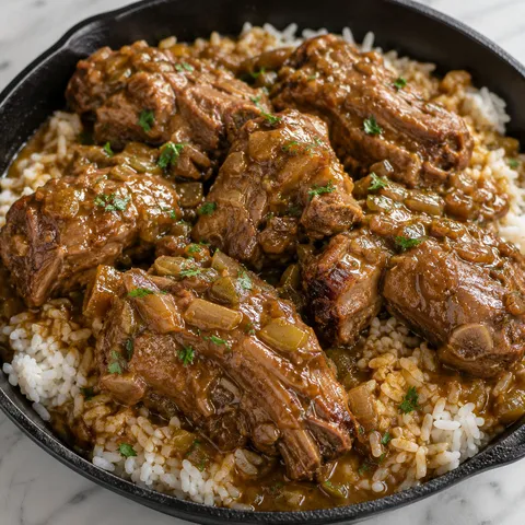 Smothered turkey necks in brown gravy over white rice with parsley