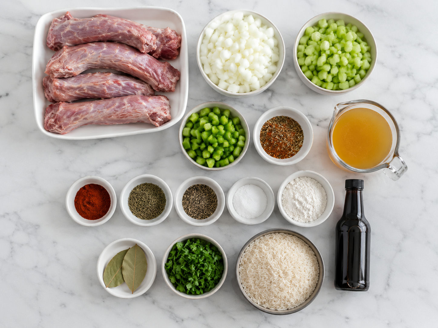 Raw turkey necks, vegetables, spices, broth, flour, and rice for smothered turkey