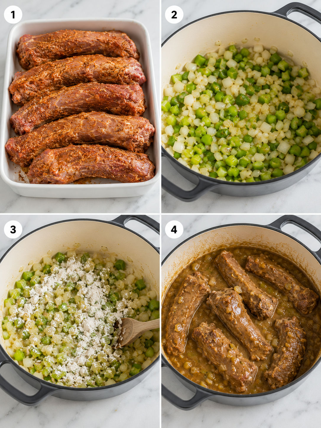 Four cooking steps for smothered turkey necks with gravy and rice