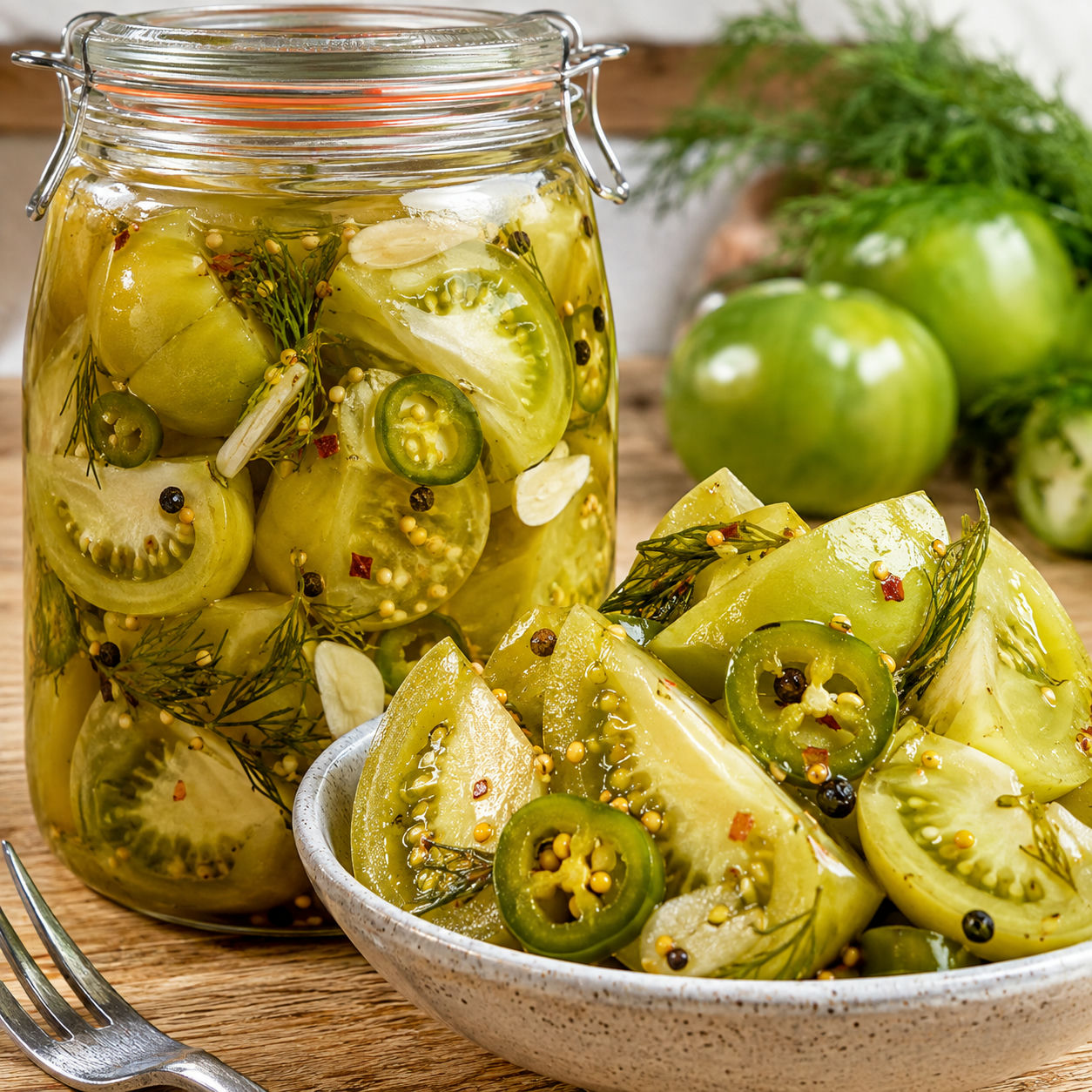 Spicy pickled green tomatoes with jalapeno, dill, and garlic in brine