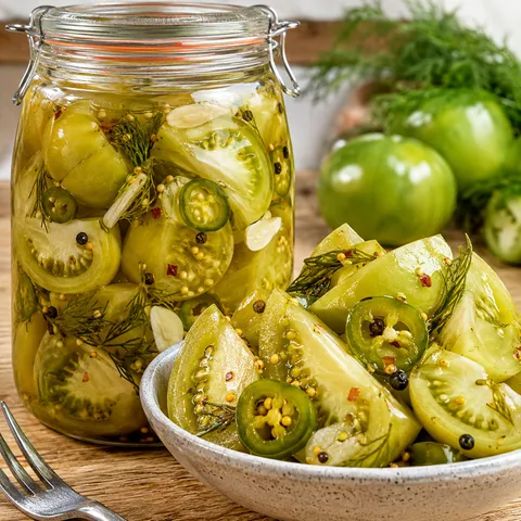 Spicy pickled green tomatoes with jalapeno, dill, and garlic in brine