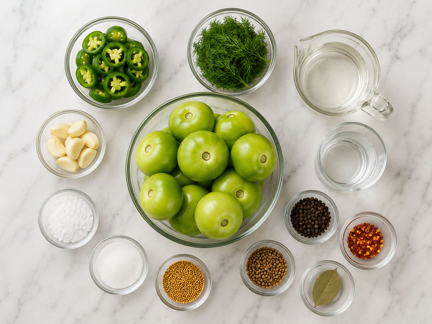 Ingredients for spicy pickled green tomatoes with jalapeno and dill