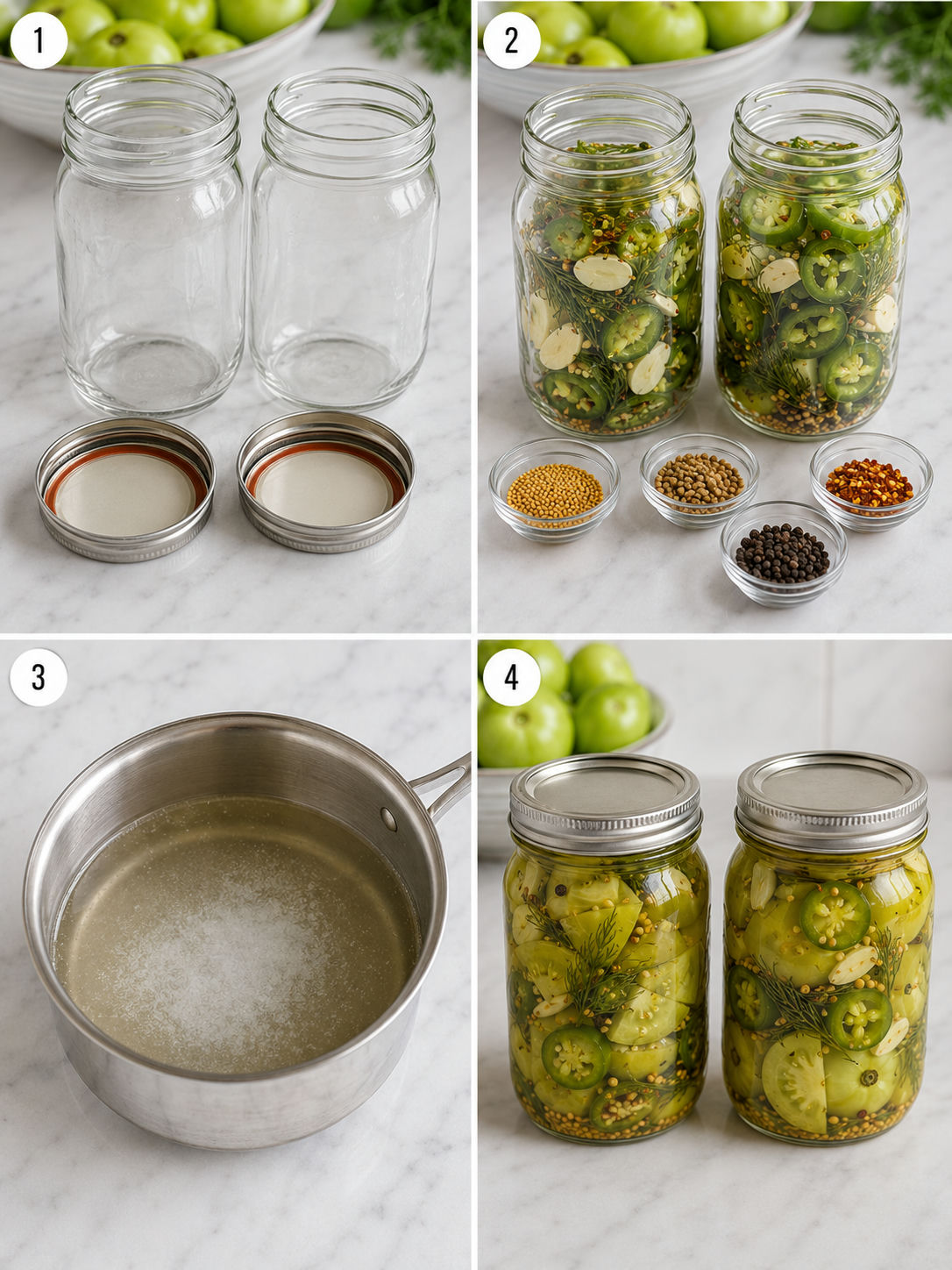 Four steps for making spicy pickled green tomatoes in jars