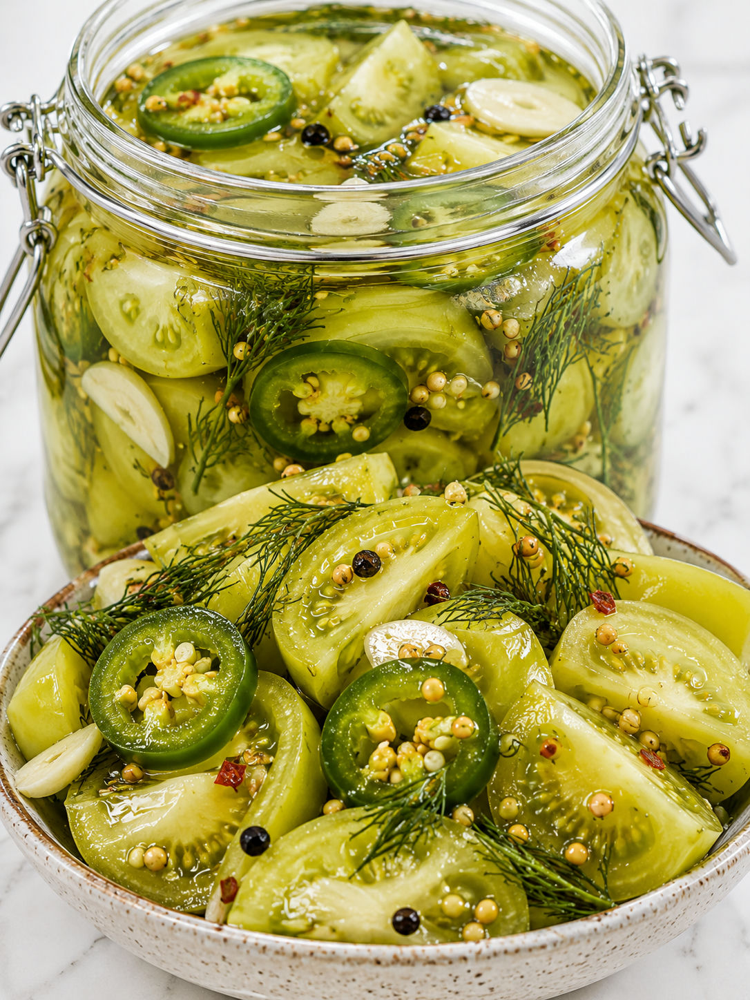 Spicy pickled green tomato wedges with jalapeno and dill in a bowl