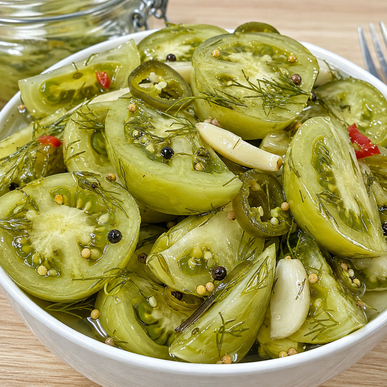 Spicy pickled green tomatoes with jalapeno, garlic, and dill