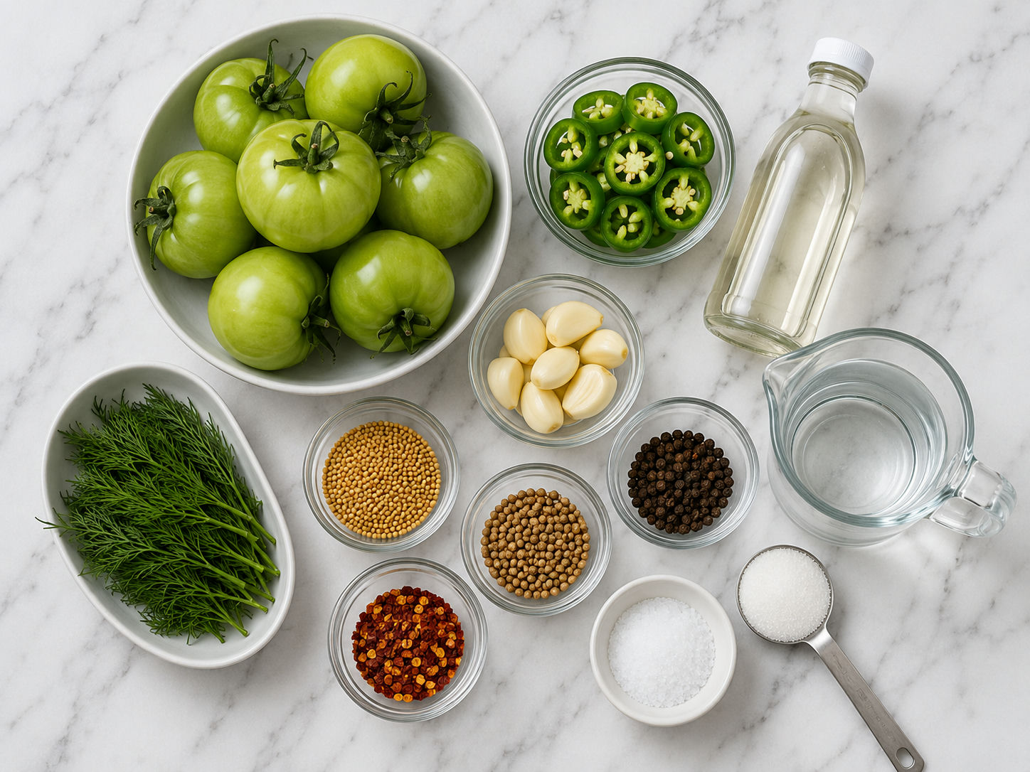 Green tomatoes, jalapenos, garlic, dill, vinegar, and pickling spices