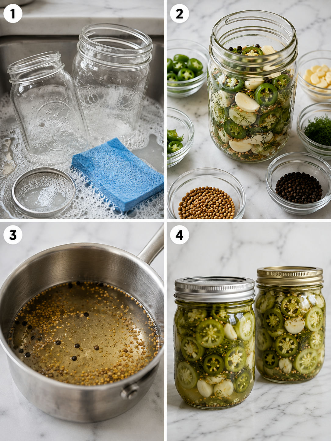 Four steps for slicing, packing, brining, and jarring green tomato pickles