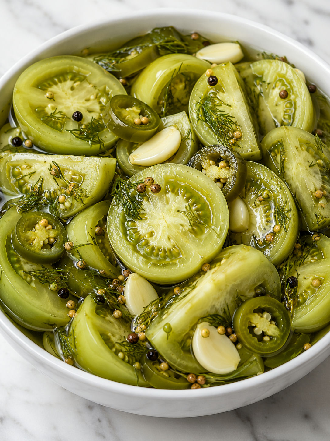 Spicy pickled green tomato slices with jalapeno rings and dill