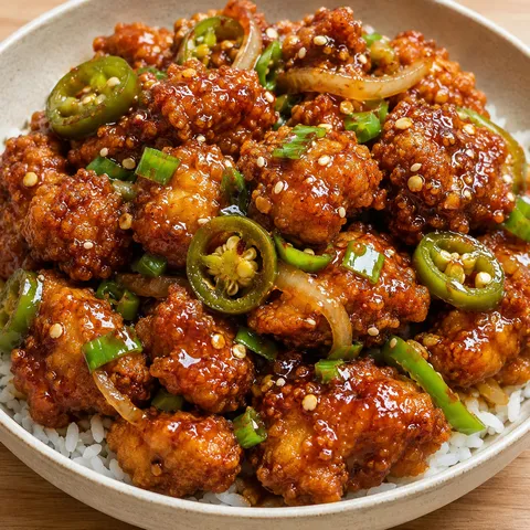 Spicy jalapeno chicken over rice with glossy glaze and sesame seeds