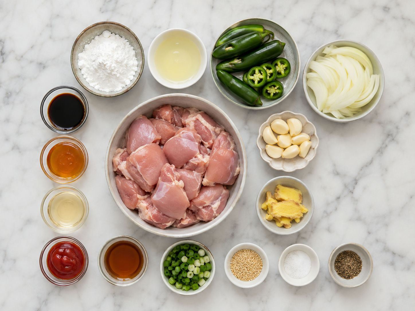 Raw ingredients for spicy jalapeno chicken on a wooden surface