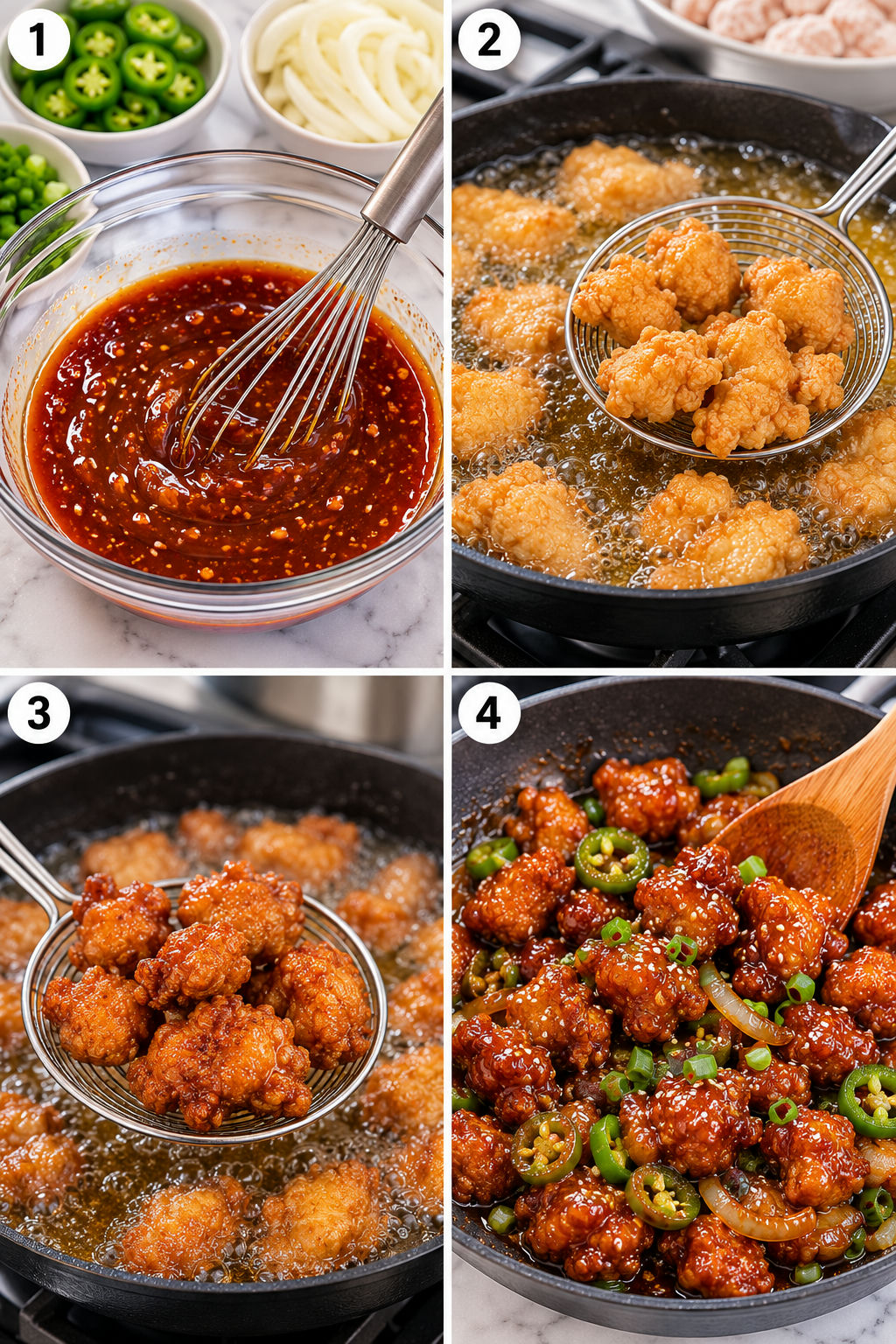 Four cooking steps for crispy sticky jalapeno chicken
