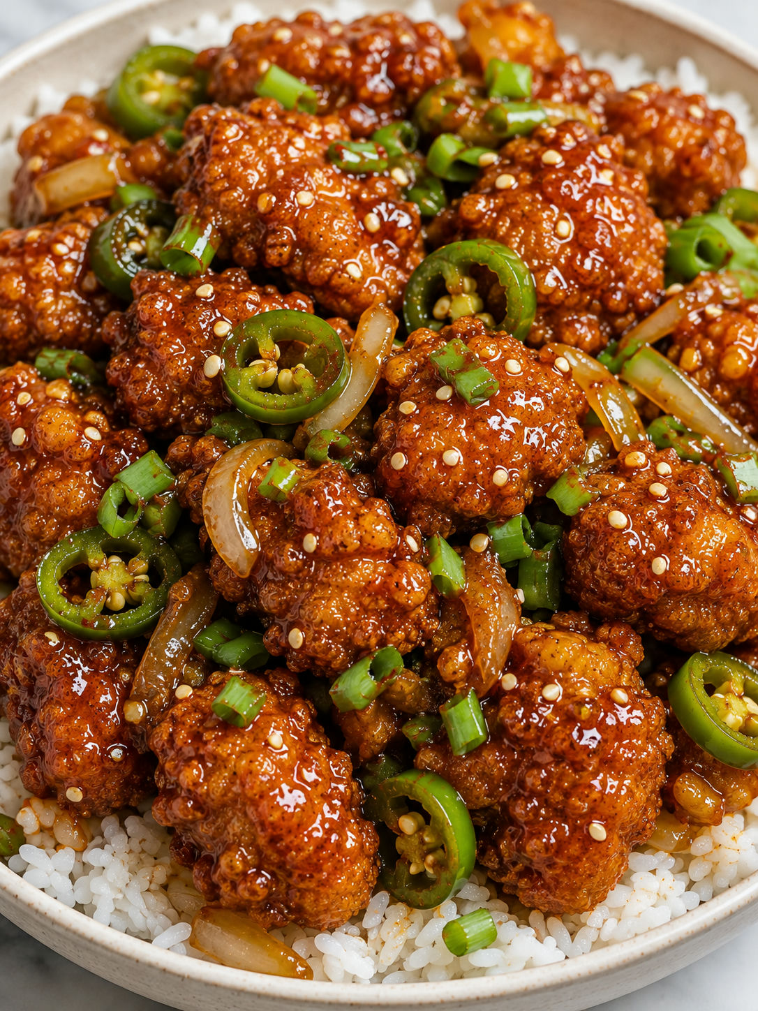 Sticky spicy jalapeno chicken with rice, scallions, and sesame seeds