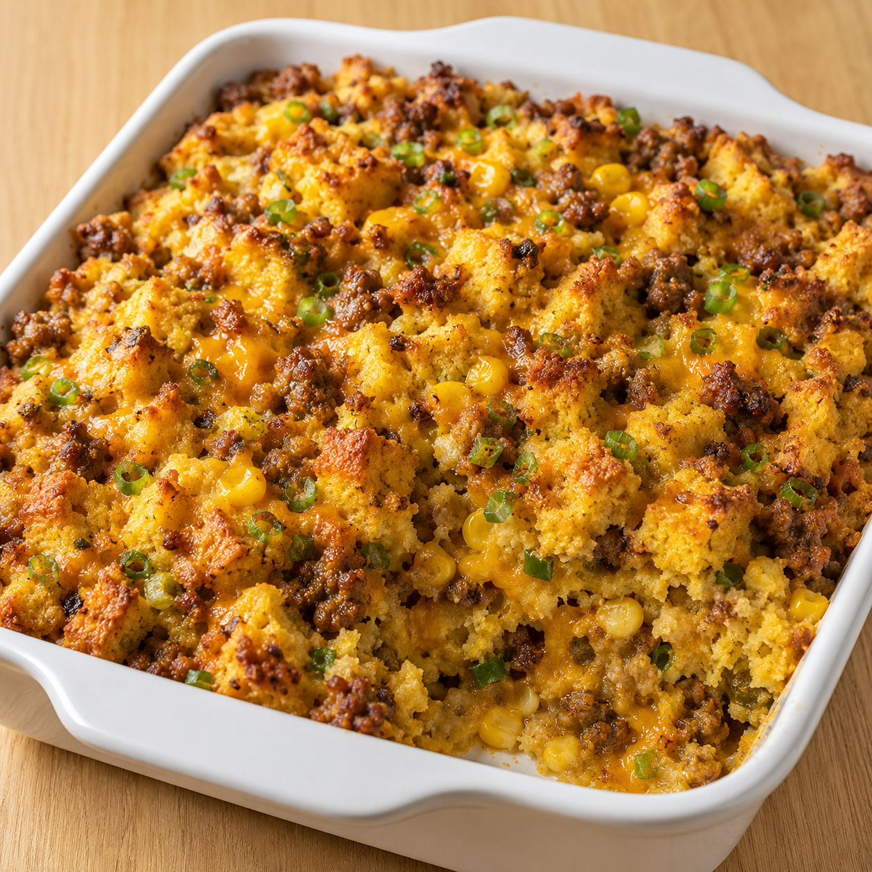 Spicy sausage cheddar cornbread stuffing with jalapenos in a baking dish