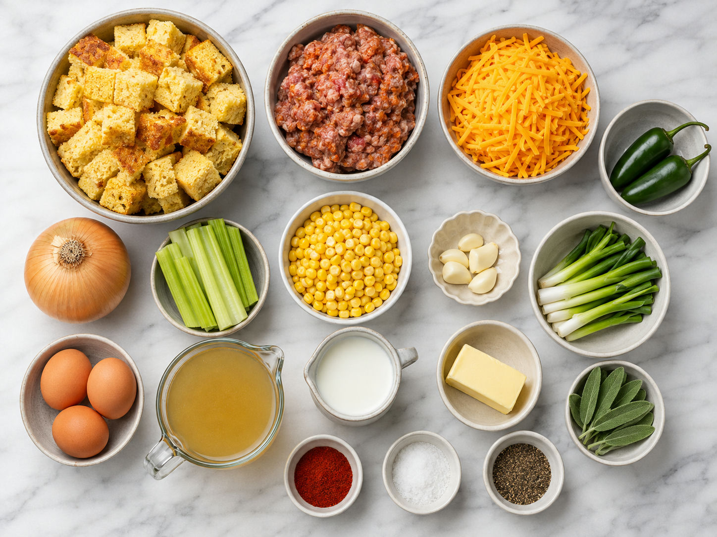 Cornbread stuffing ingredients with sausage, cheddar, jalapenos, corn, and celery