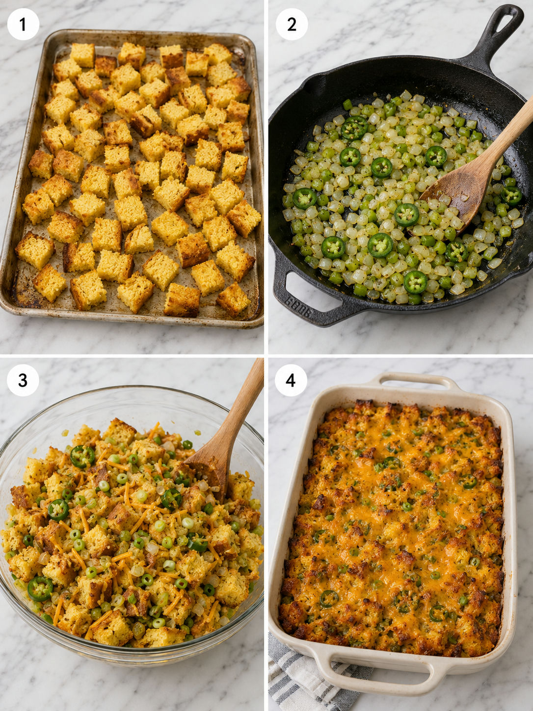 Steps for making sausage cheddar cornbread stuffing before baking