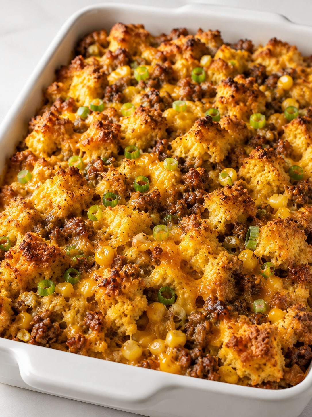 Cheesy spicy sausage cornbread stuffing with a spooned serving
