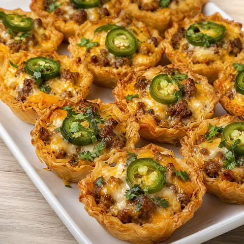Spicy sausage jalapeno cheese tarts on a white platter