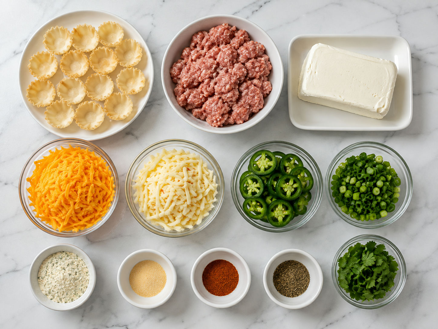 Ingredients for spicy sausage jalapeno cheese tarts on a wood surface