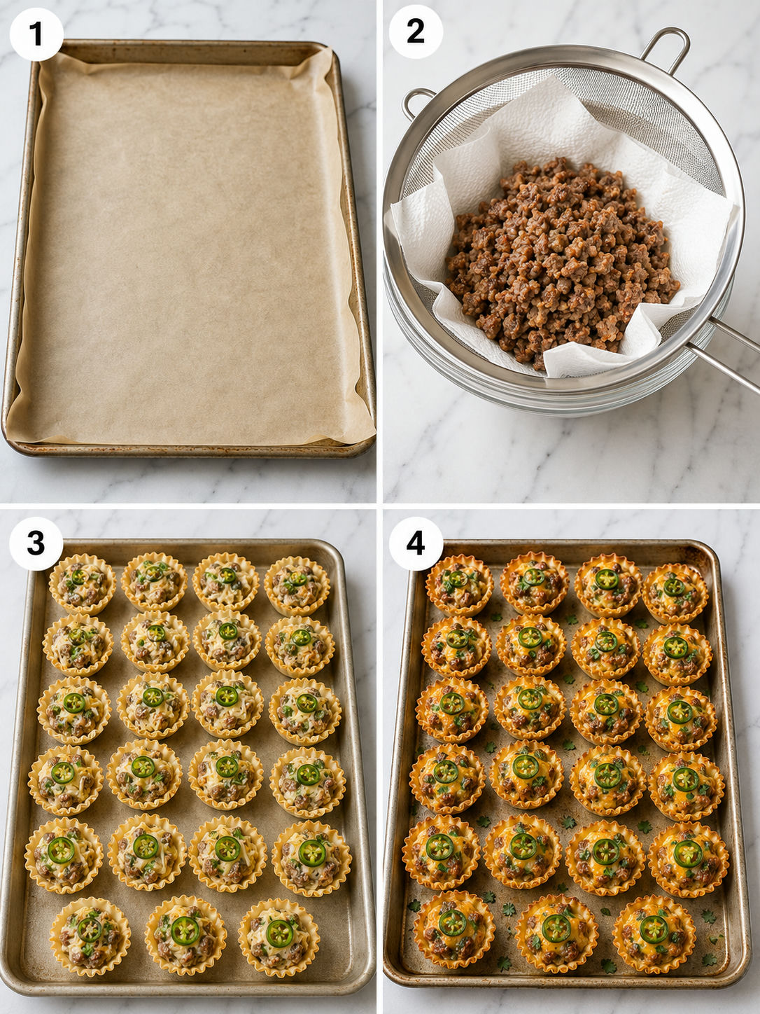 Four steps for making spicy sausage jalapeno cheese tarts