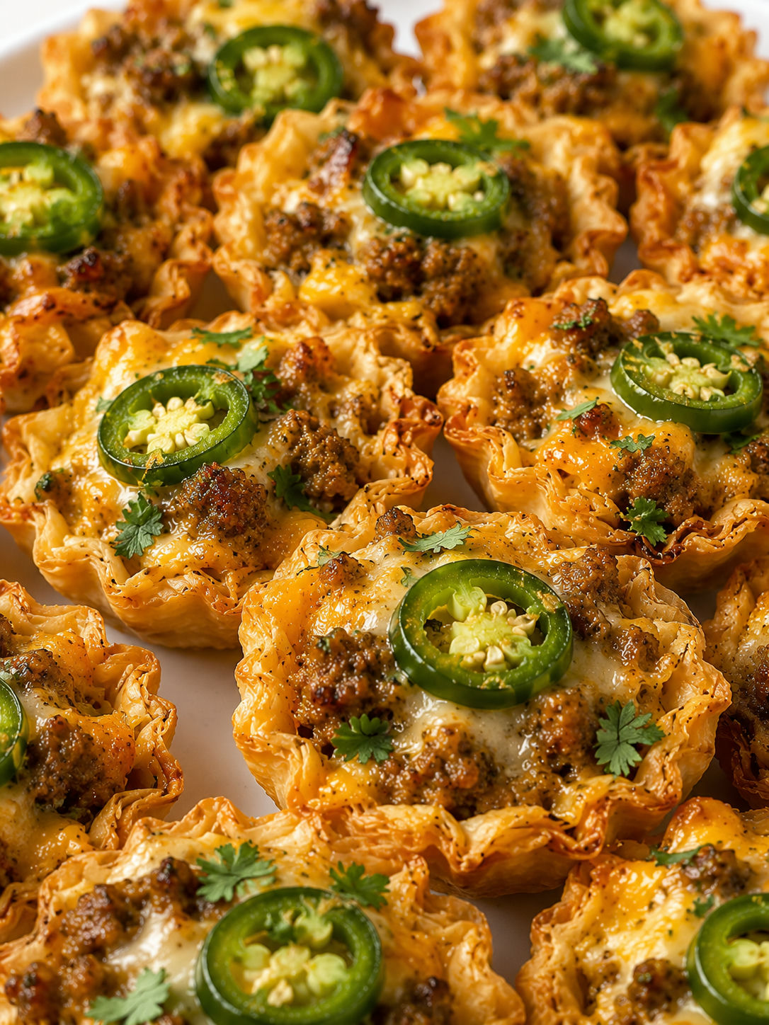 Golden spicy sausage jalapeno cheese tarts with melted cheese