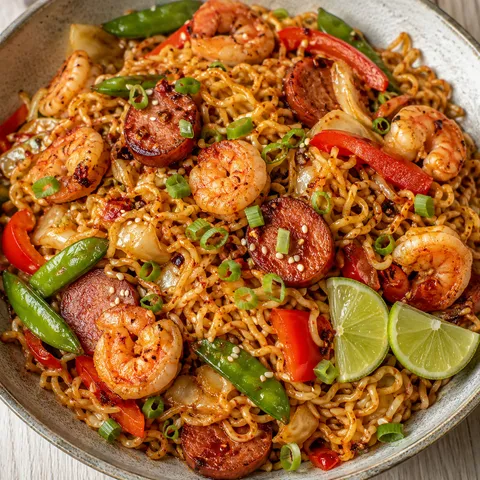 Spicy shrimp and sausage ramen noodles with scallions and lime