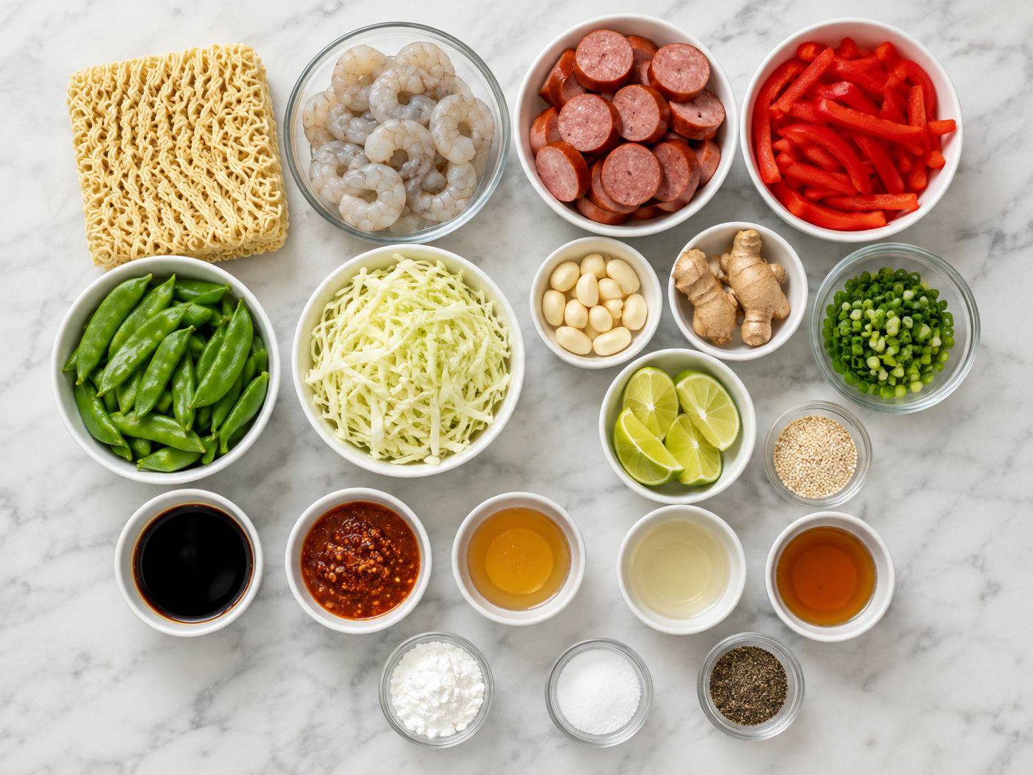 Ingredients for spicy shrimp sausage ramen stir fry on a kitchen counter
