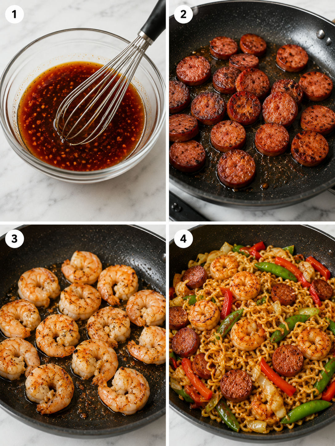 Four cooking steps for shrimp sausage ramen stir fry