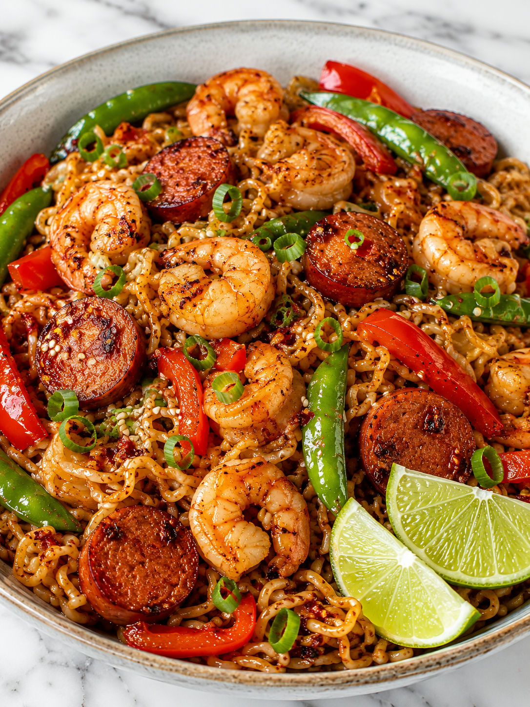 Glossy spicy shrimp sausage ramen noodles with vegetables and lime