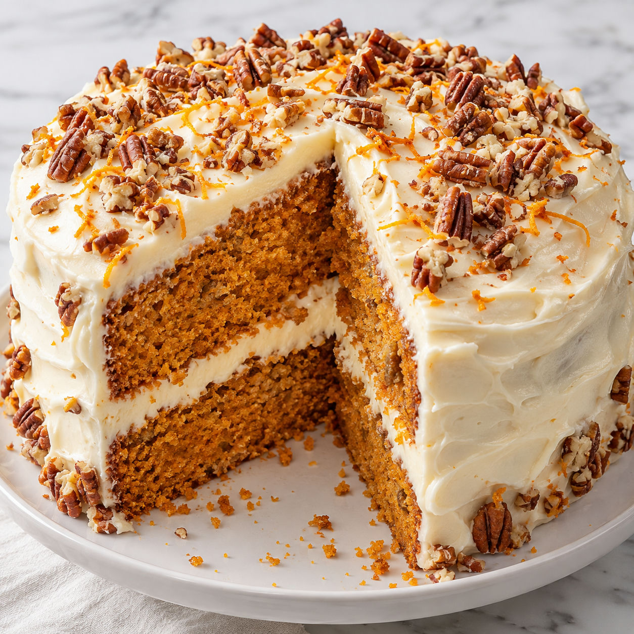 Sweet potato layer cake with cream cheese frosting and pecans
