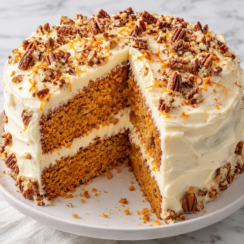Sweet potato layer cake with cream cheese frosting and pecans