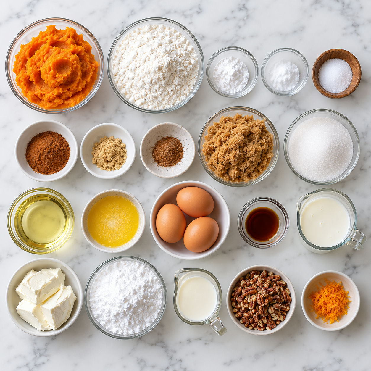 Ingredients for sweet potato cake with cream cheese frosting