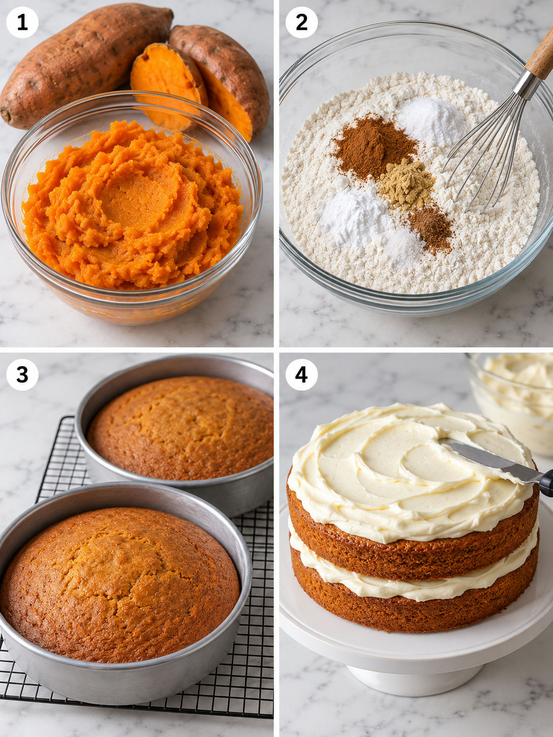 Four steps for making sweet potato cake and frosting