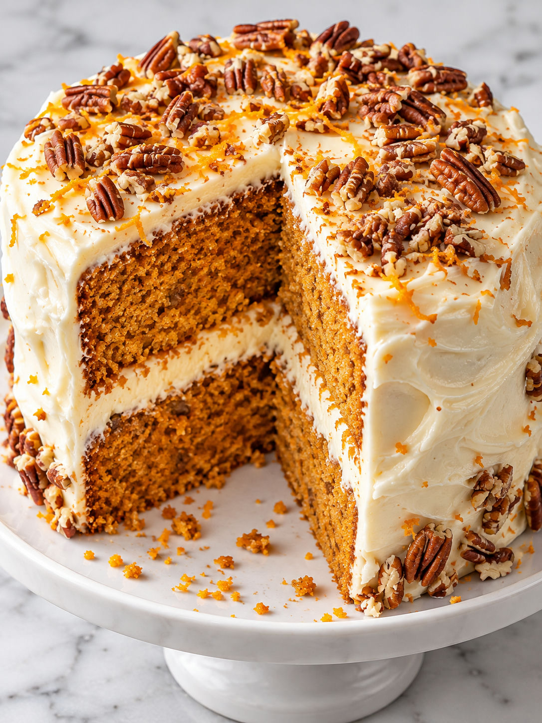 Slice of sweet potato cake with cream cheese frosting and pecans