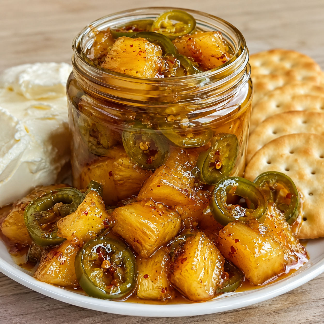 Pineapple cowboy candy with jalapenos in glossy golden syrup