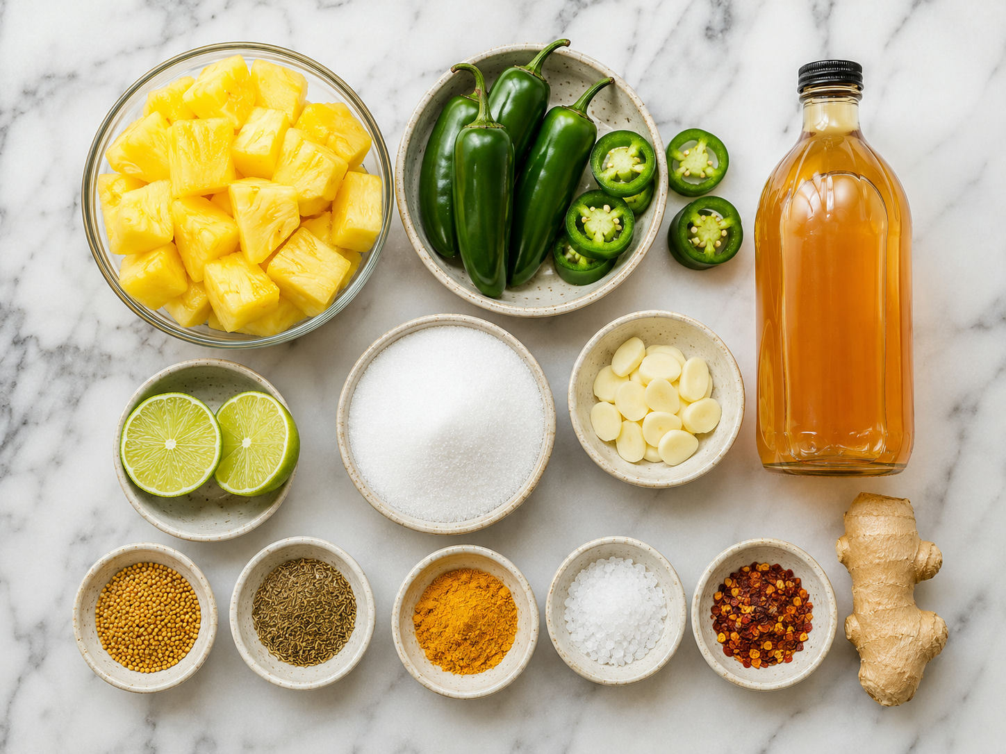Pineapple, jalapenos, vinegar, sugar, lime, garlic, and spices on a counter