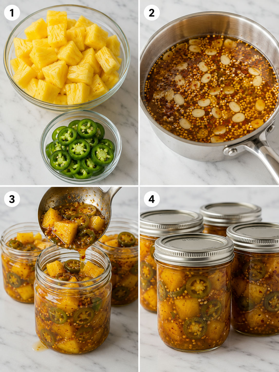 Pineapple cowboy candy being prepped, simmered, and spooned into jars